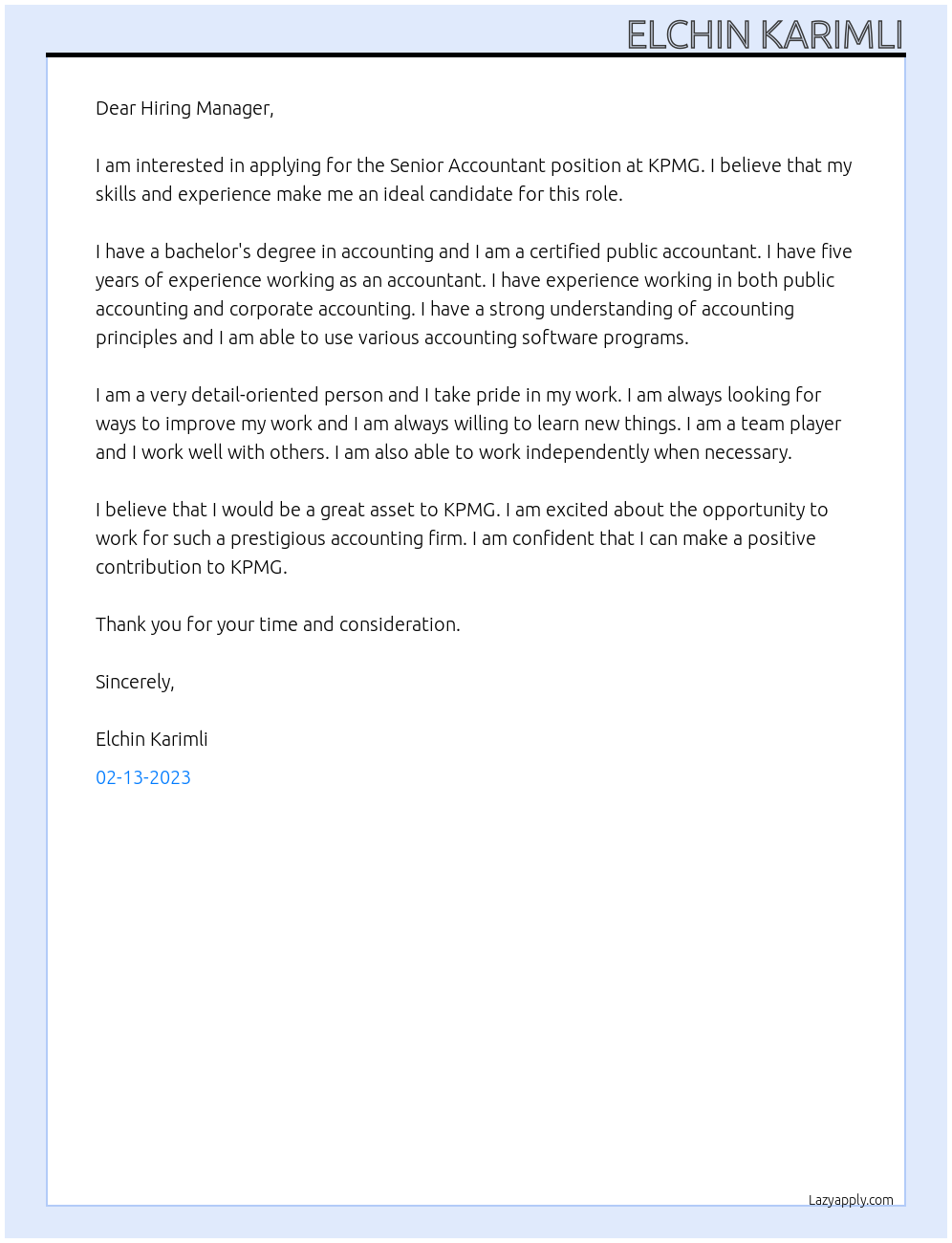 Senior Accountant At KPMG Cover Letter