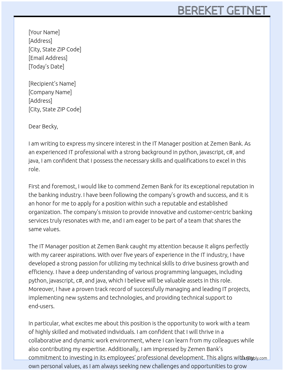 IT At Zemen Bank Cover Letter