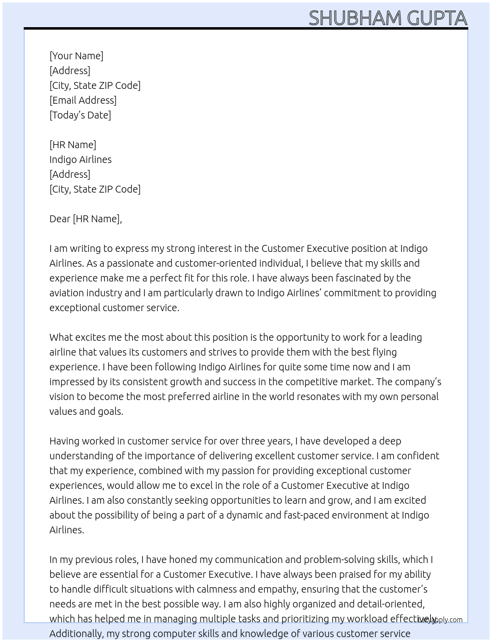 Customer Executive  At Indigo Airlines  Cover Letter