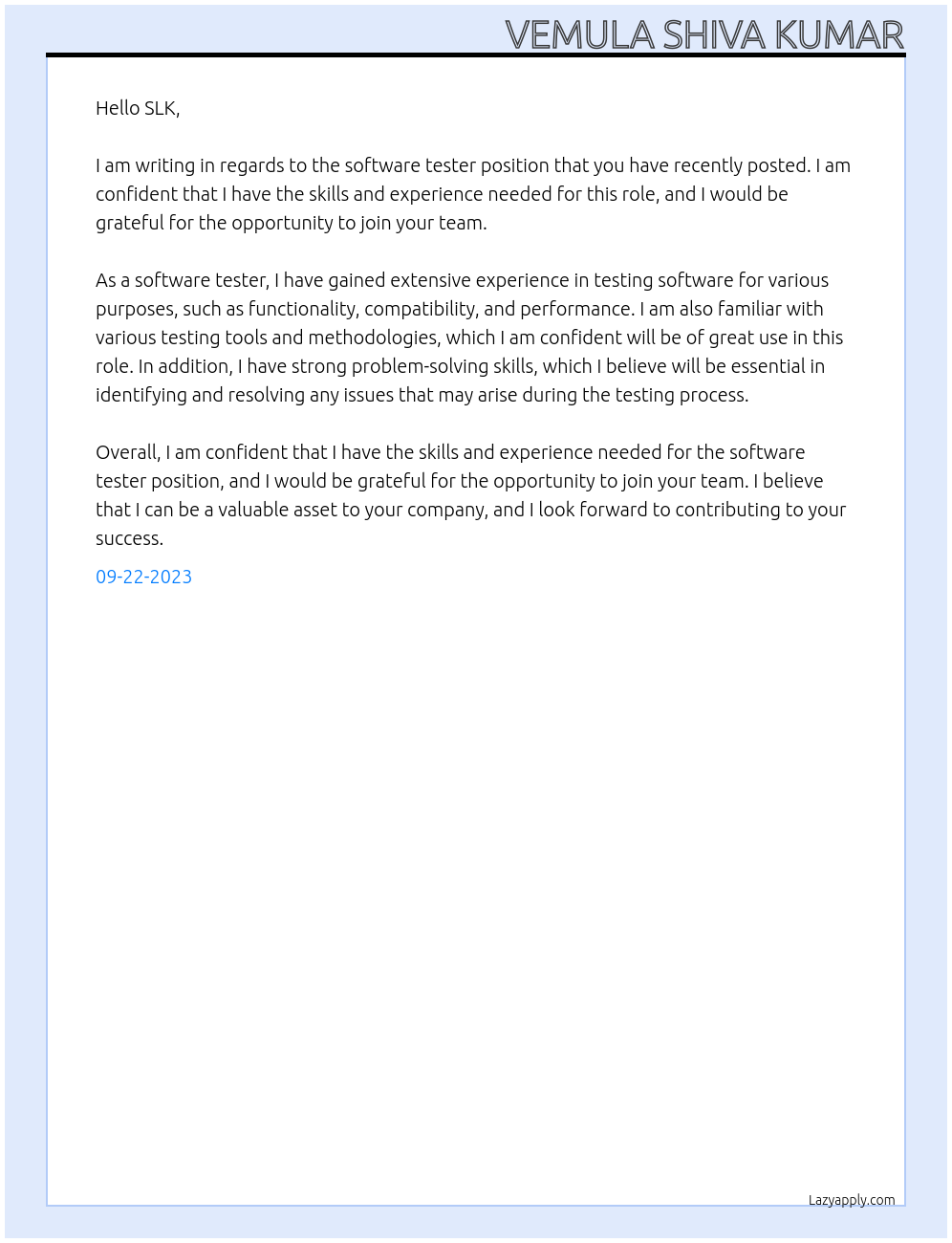 software tester At SLK Cover Letter