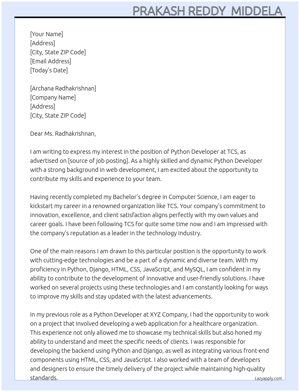 Python developer At TCS Cover Letter