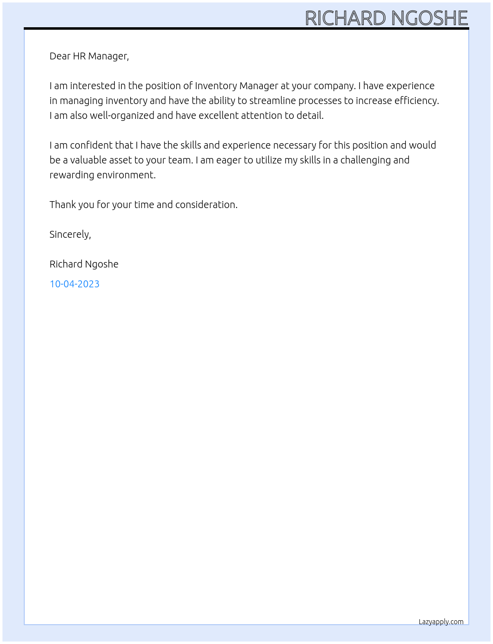Inventory Manager At Private Company Cover Letter