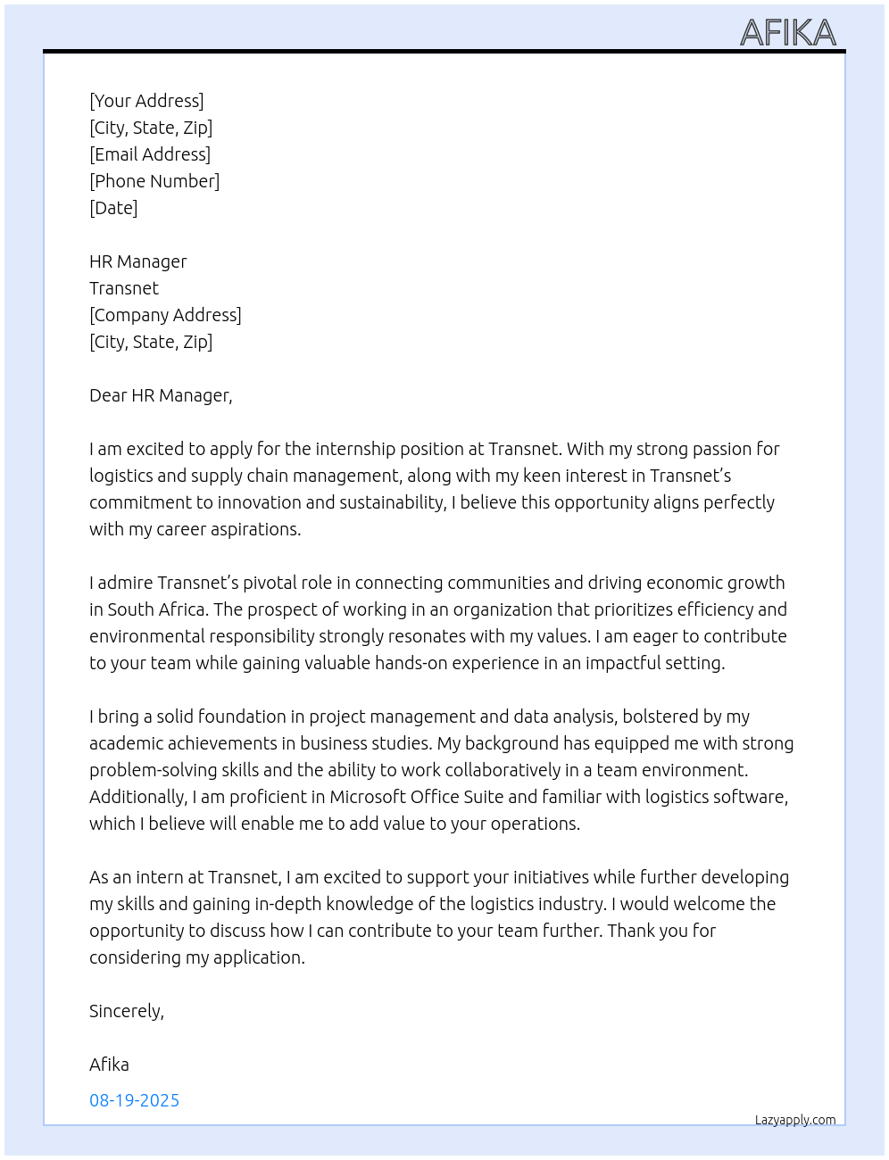 intern At transnet Cover Letter