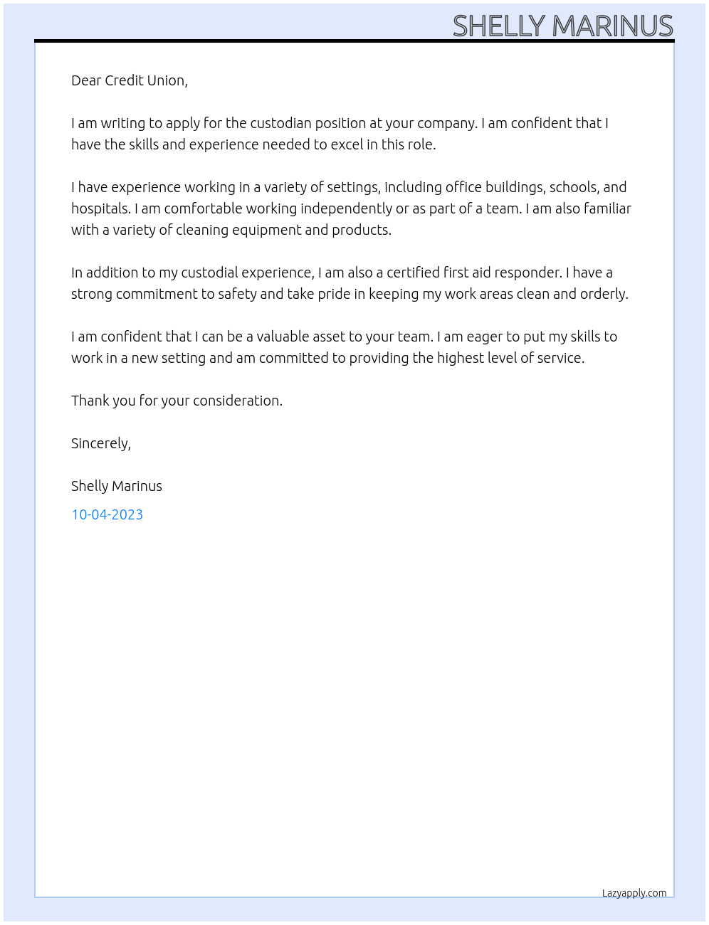 custodian At Credit Union Cover Letter