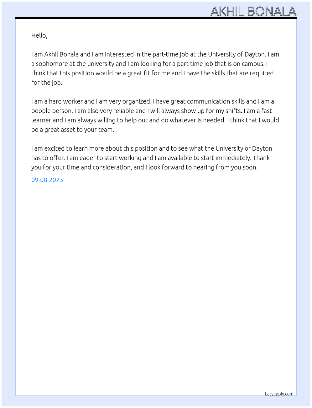 Part time job At On campus part time Cover Letter