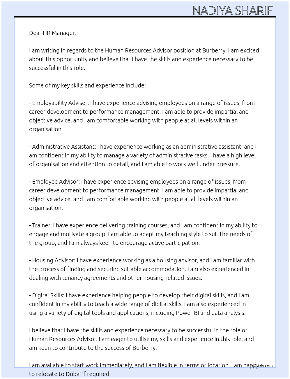 Human Resources Advisor At burberry Cover Letter