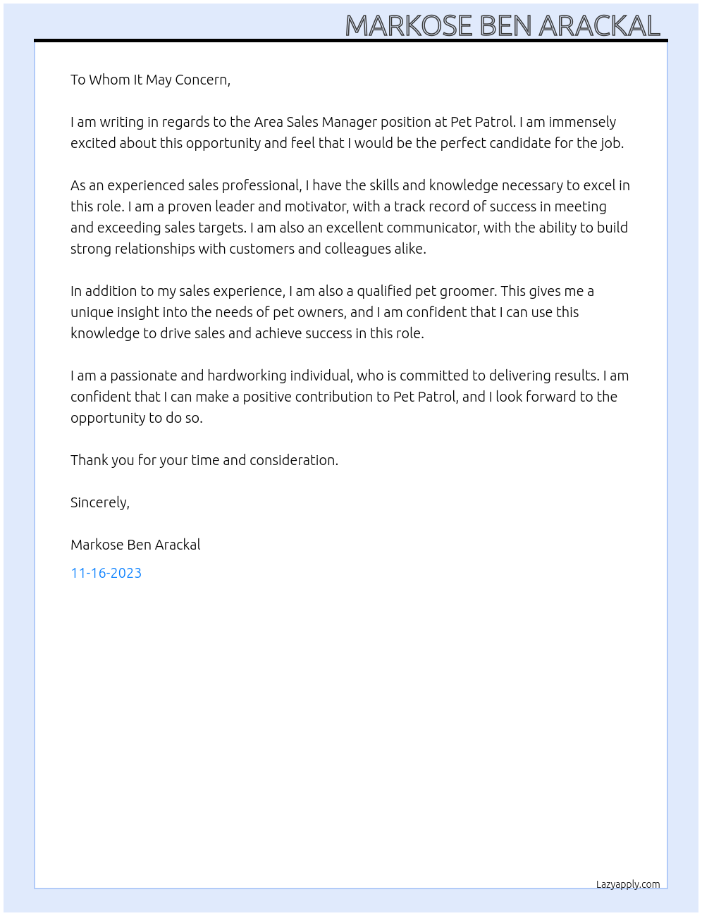 area sales manager At Pet Patrol Cover Letter