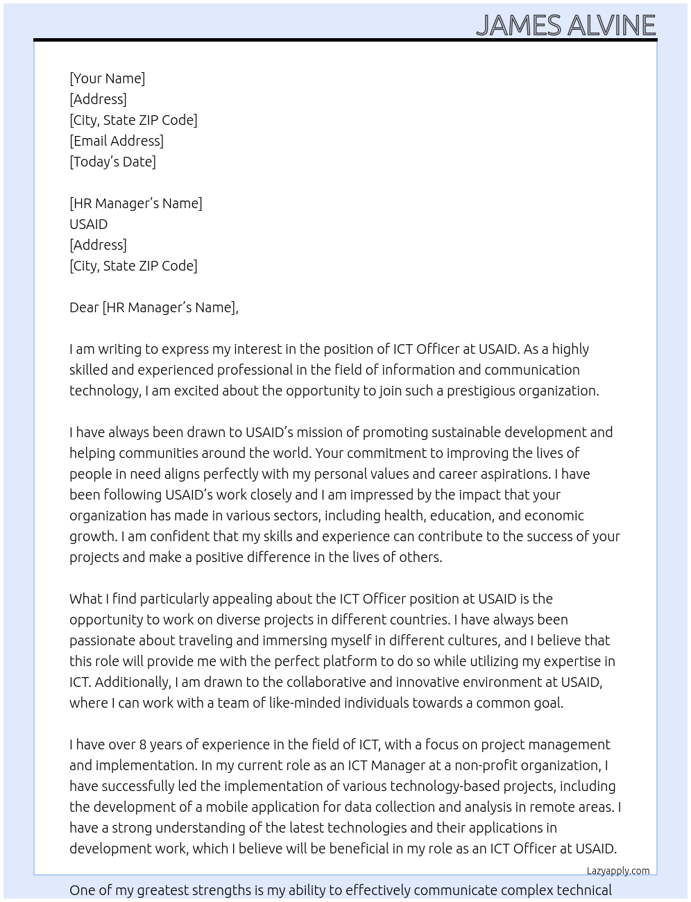 ICT Officer At USAID Cover Letter
