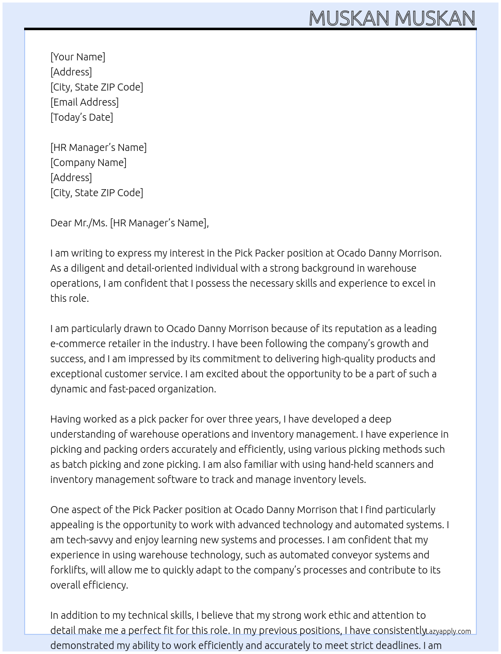 Pick packer At Ocado Danny Morrison Cover Letter