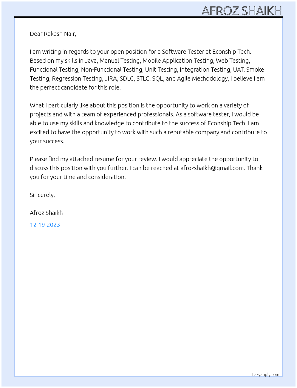 Software Tester At Econship Tech Cover Letter