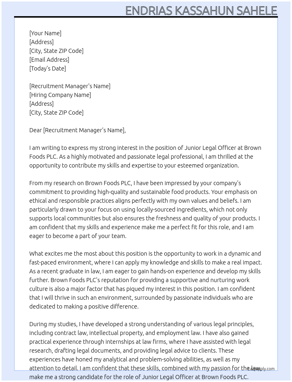 Junior Legal Officer At Brown Foods PLC Cover Letter