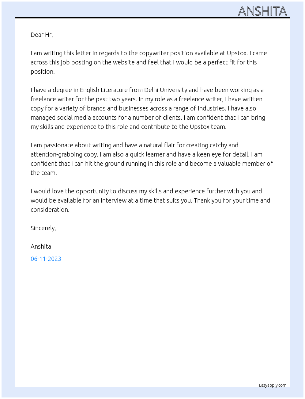 Copywriter At Upstox Cover Letter