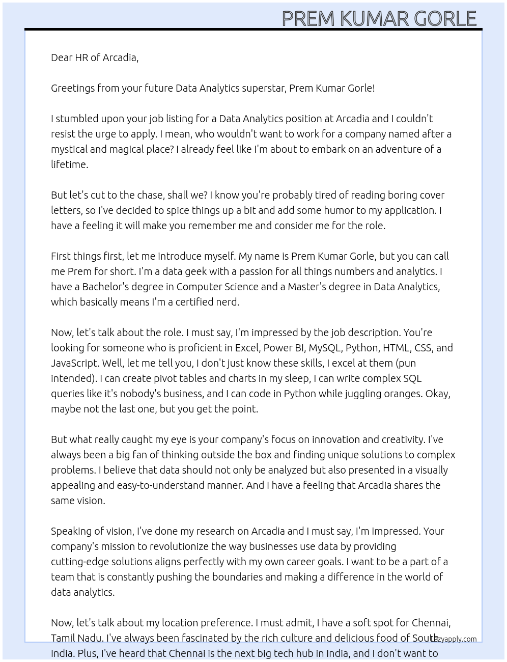 Data analytics  At Arcadia  Cover Letter