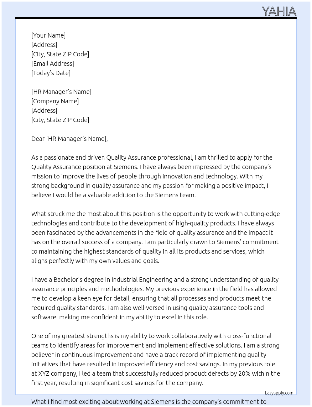Quality Assurance  At Siemens  Cover Letter