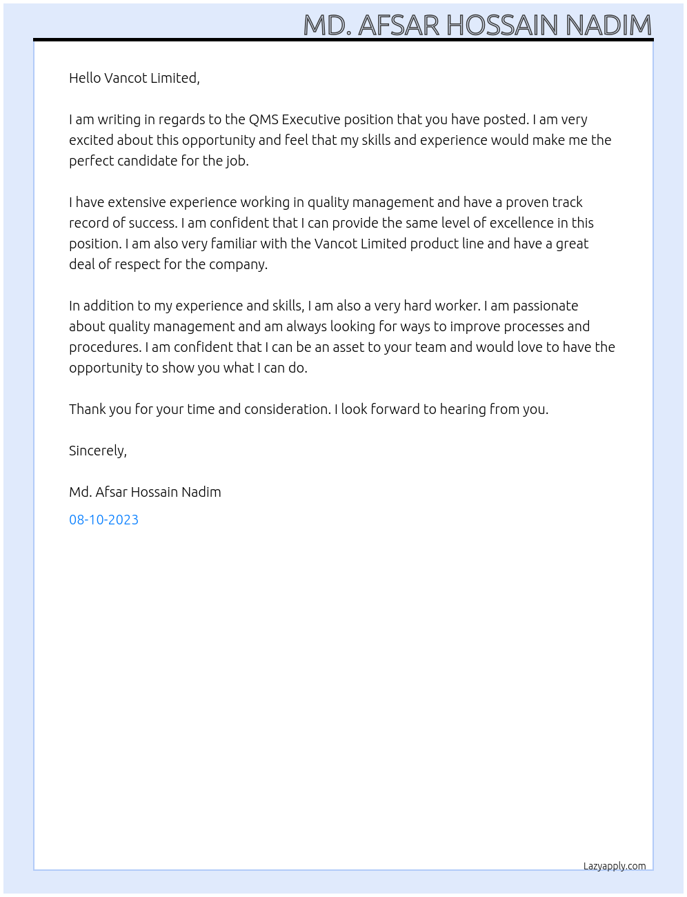 QMS Executive At Vancot Limited Cover Letter