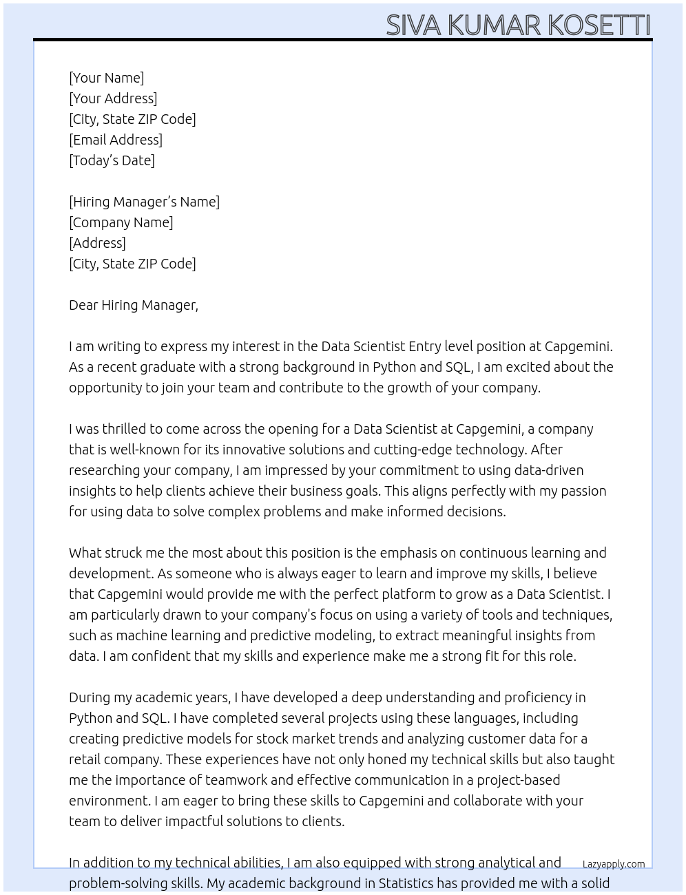 Cover letter for data scientist entry level - LazyApply