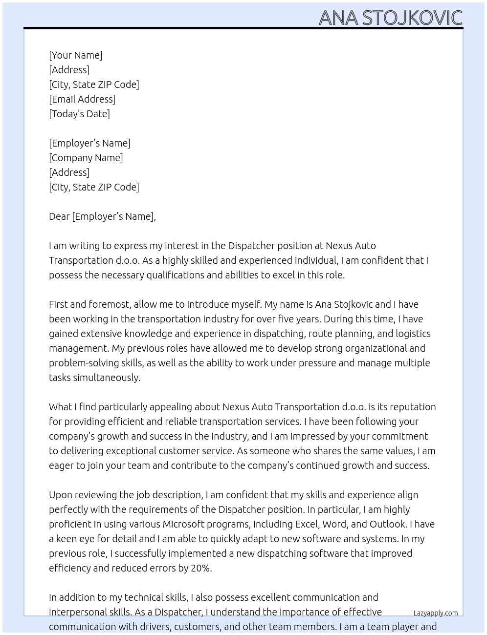 Dispatcher At Nexus Auto Transportation d.o.o. Cover Letter