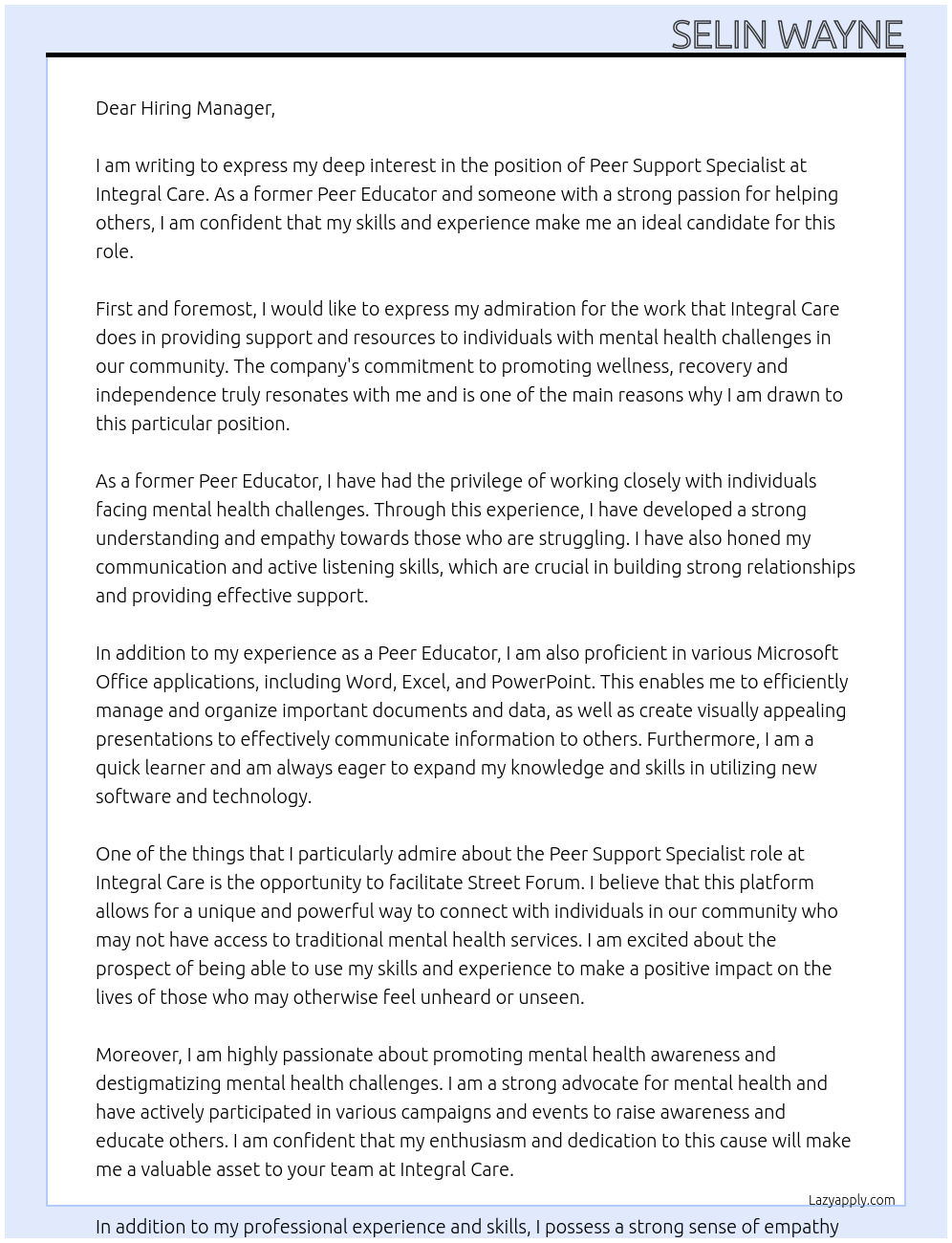 Peer Support Specialist At Integral Care Cover Letter