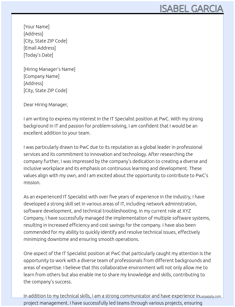 IT Specialist At PwC Cover Letter