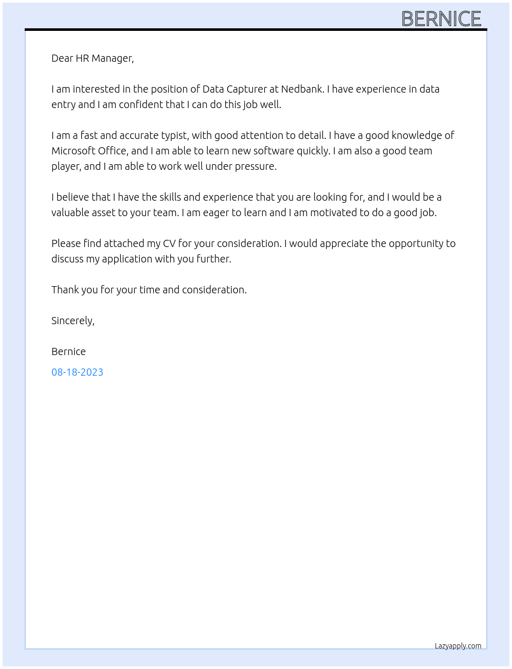 Data Capturer At Nedbank Cover Letter