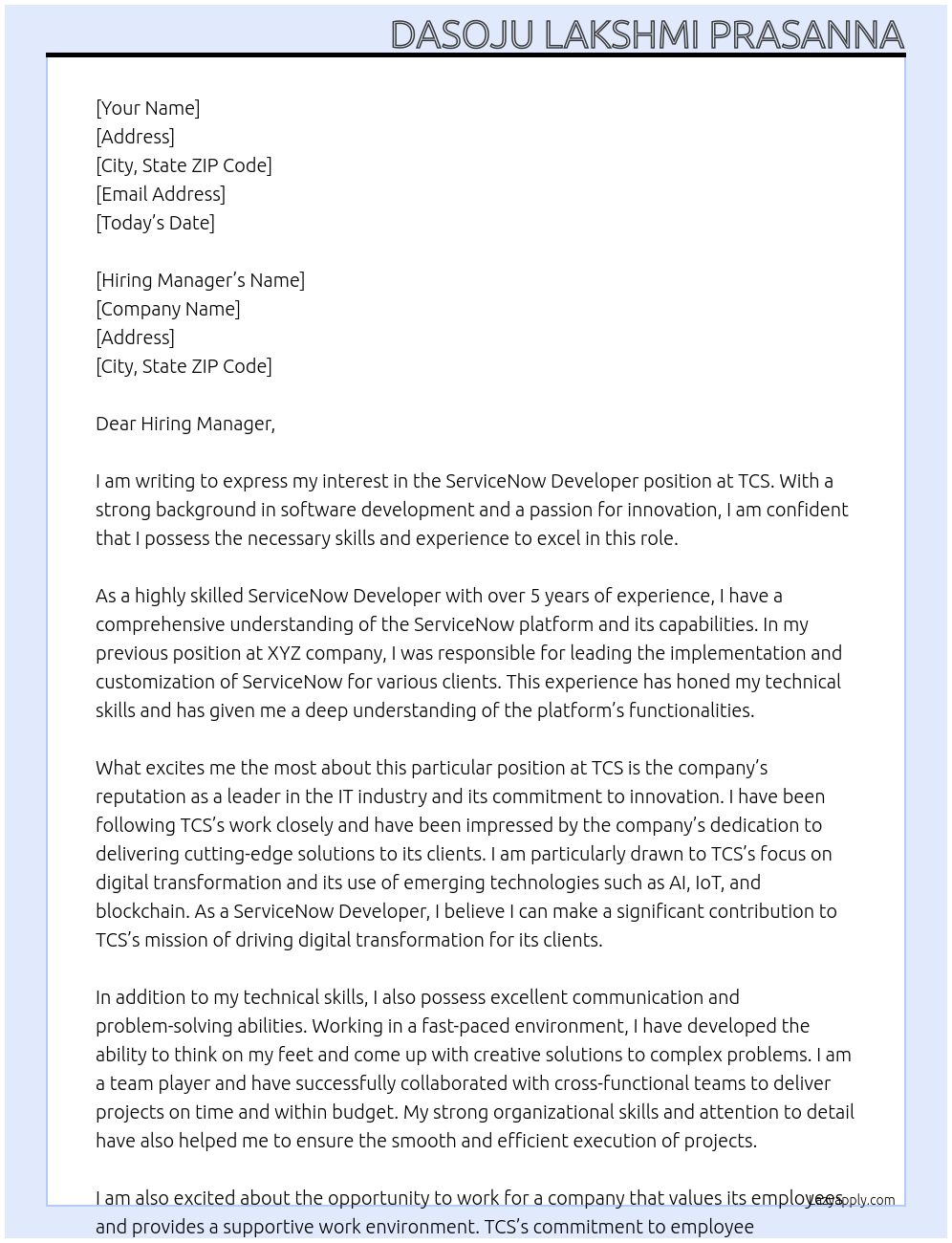 ServiceNow Developer At TCS Cover Letter