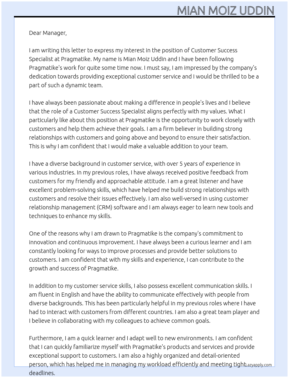 Customer Success Specialist At Pragmatike Cover Letter