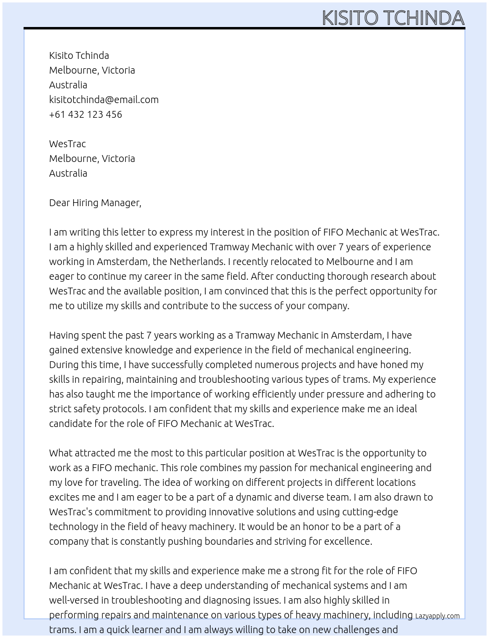 Cover letter for fifo mechanic - LazyApply