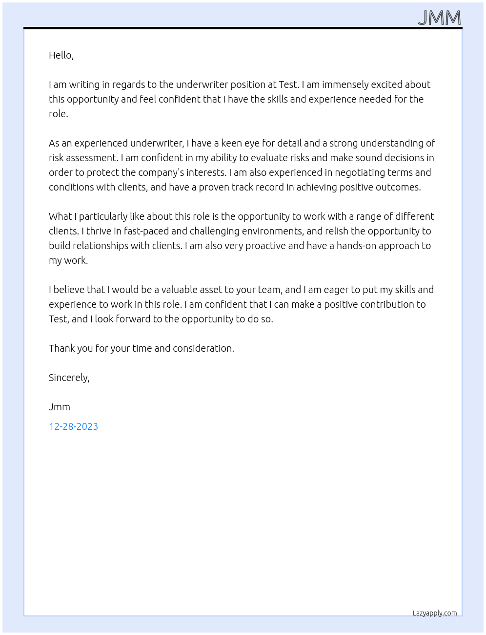 underwriter At test Cover Letter