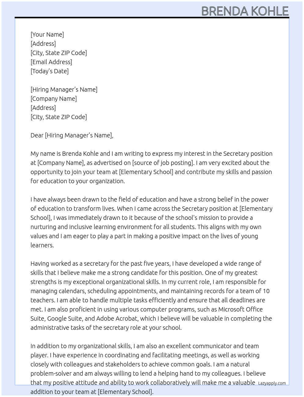 secretary At Elementary school Cover Letter