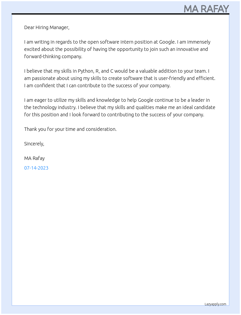 Software intern At Google Cover Letter