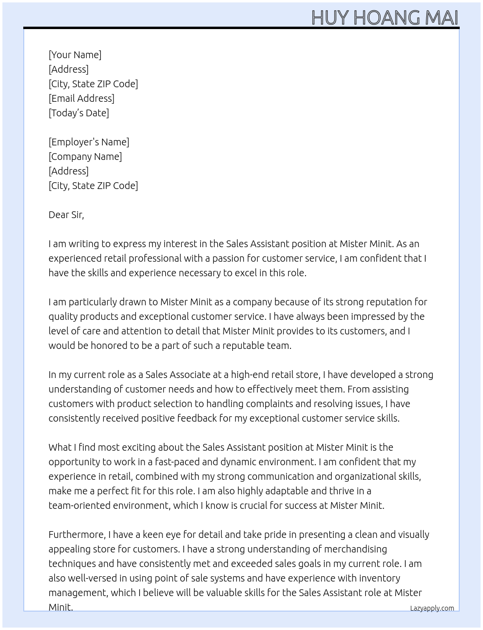 sale assistant At Mister Minit Cover Letter