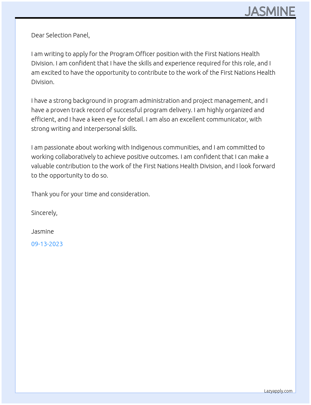 Program Officer At First Nations Health Division Cover Letter