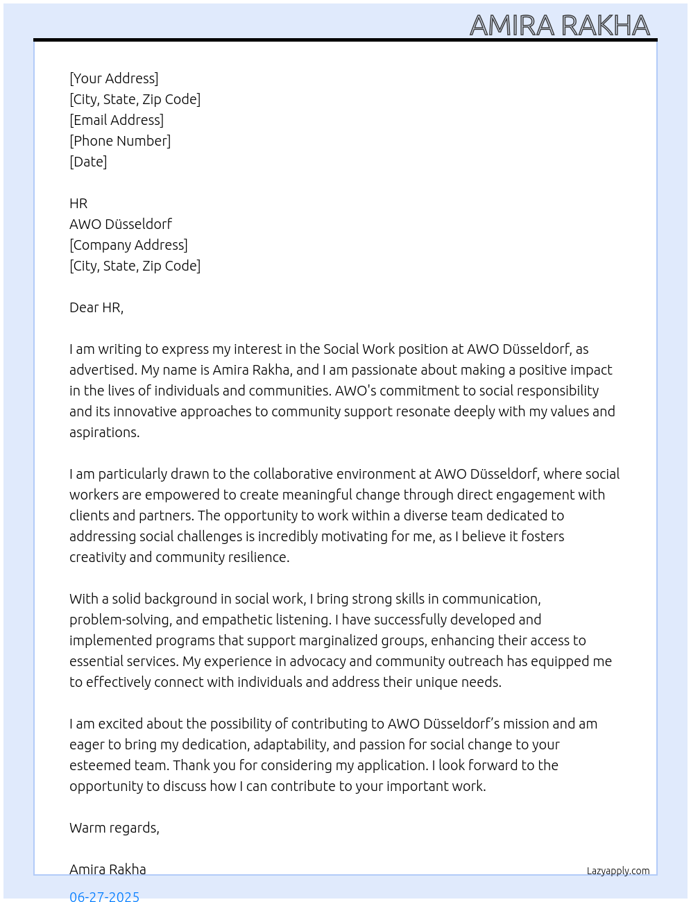 social work At AWO Düsseldorf Cover Letter