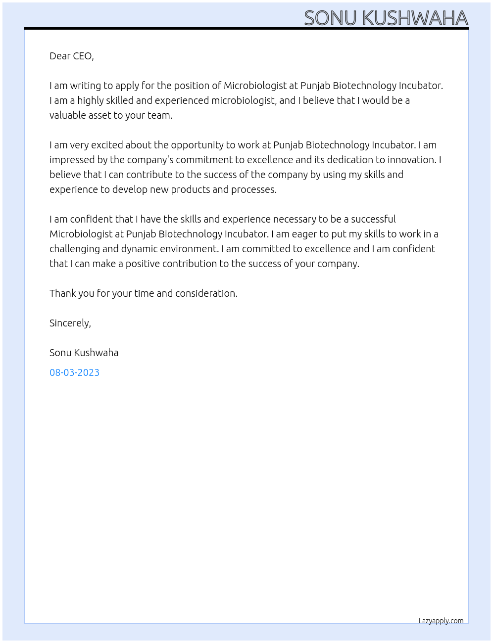 Microbiologist At Punjab biotechnology incubator Cover Letter