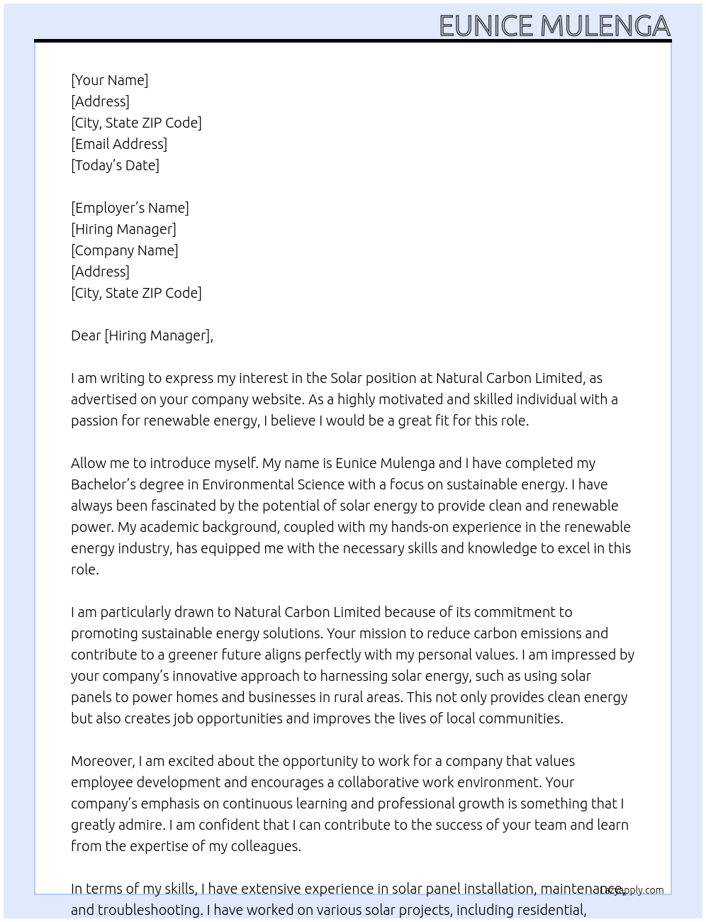 Solar  At Natural carbon limited  Cover Letter
