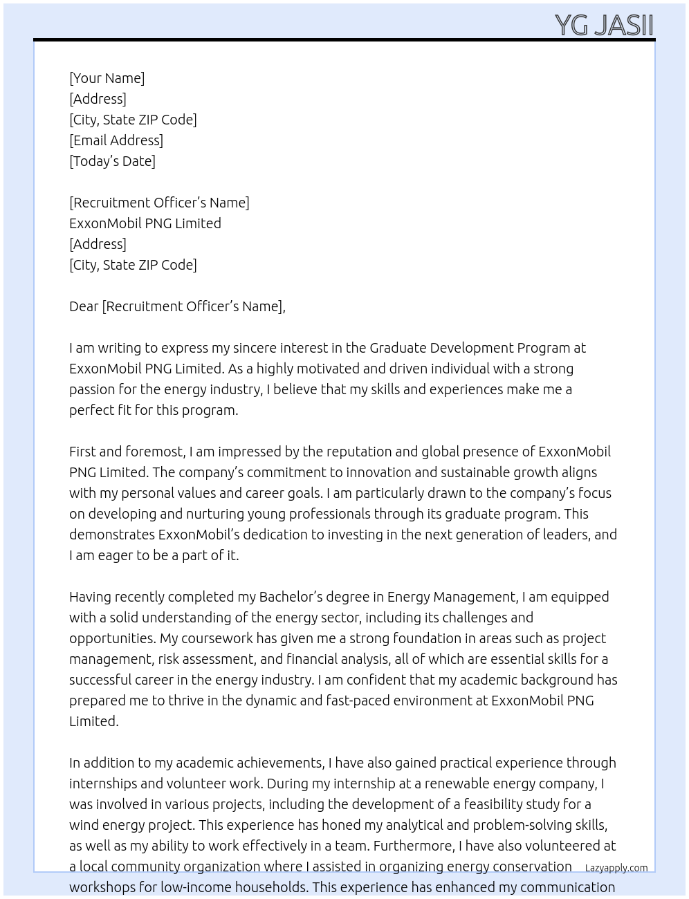 Graduate Development Program At ExxonMobil PNG Limited Cover Letter