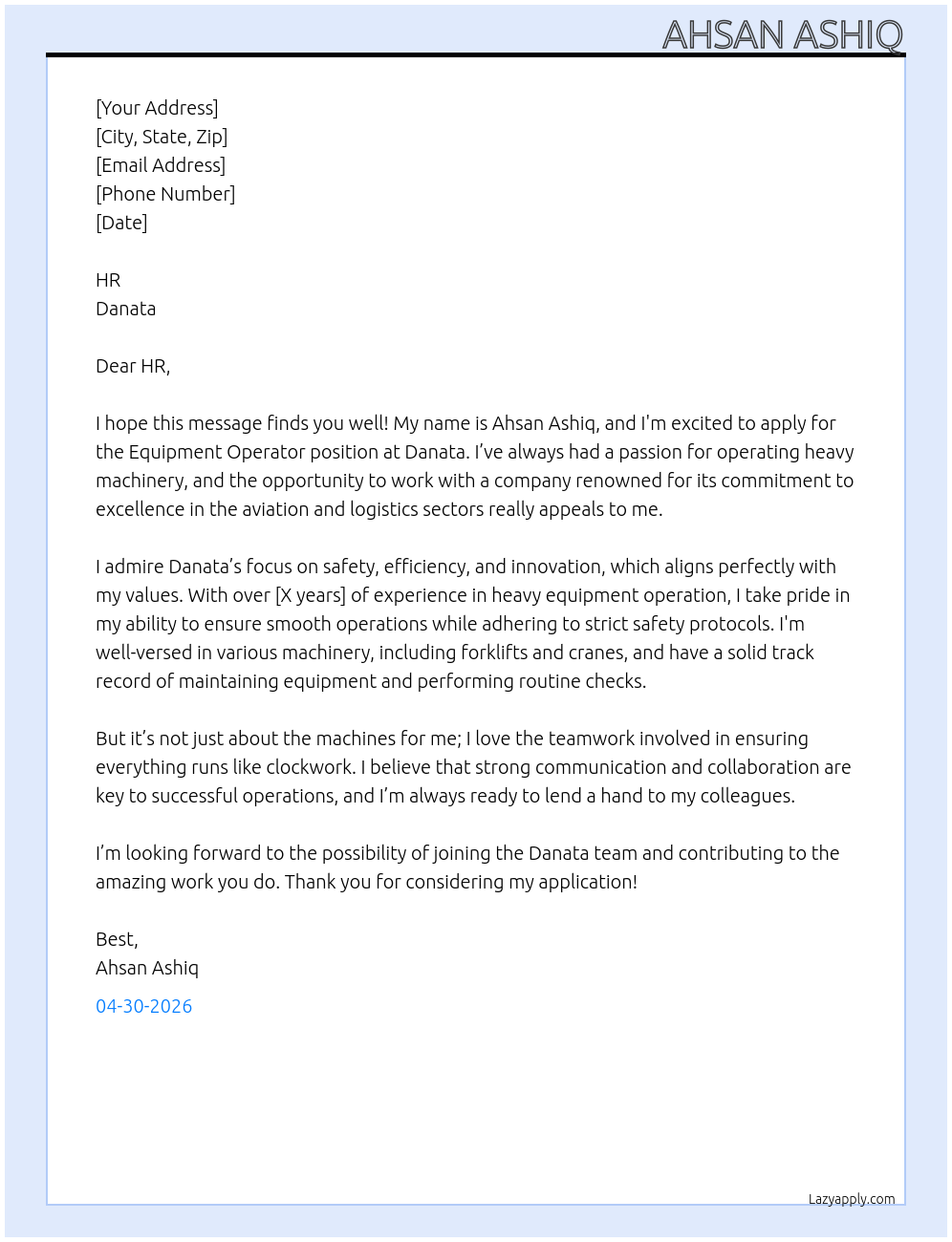equipment operator At danata  Cover Letter