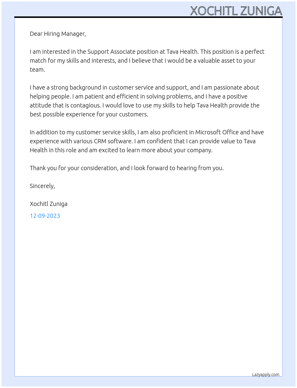 Support Associate At Tava Health Cover Letter