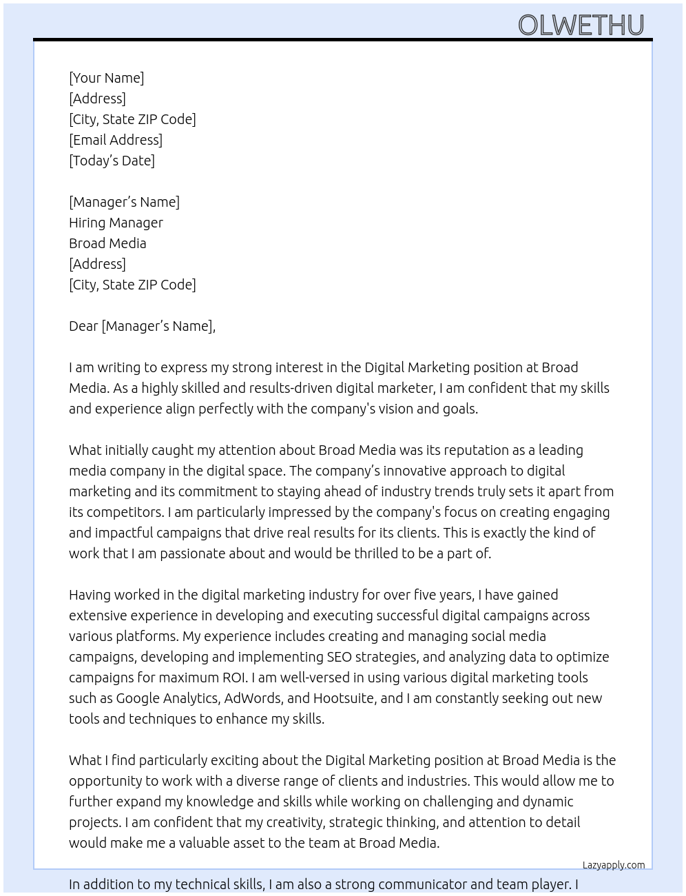 digital marketing At Broad media Cover Letter