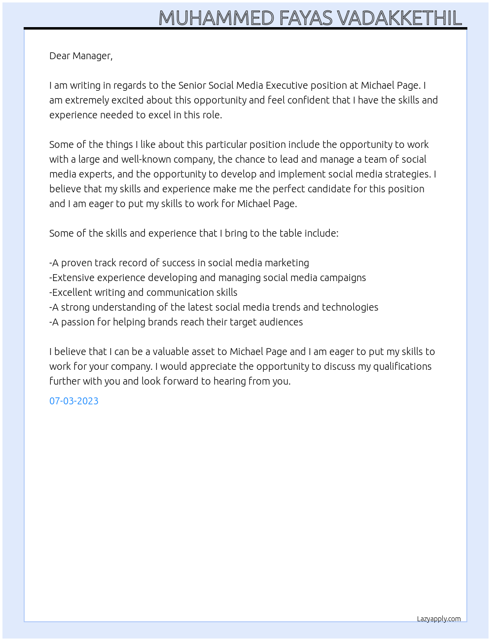 Cover letter for senior social media executive - LazyApply