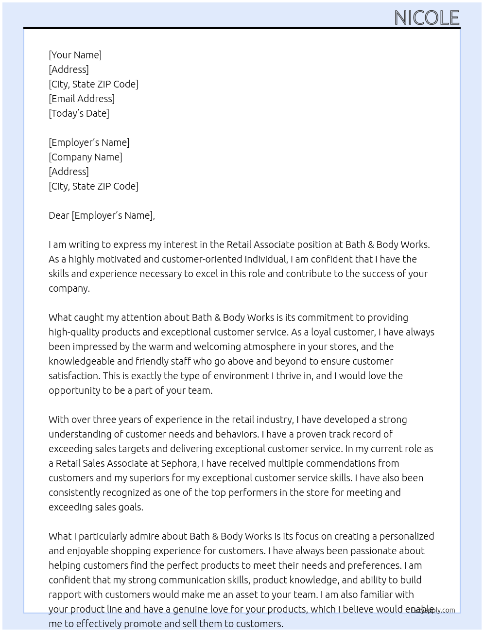 Retail Associate At Bath & Body Works  Cover Letter