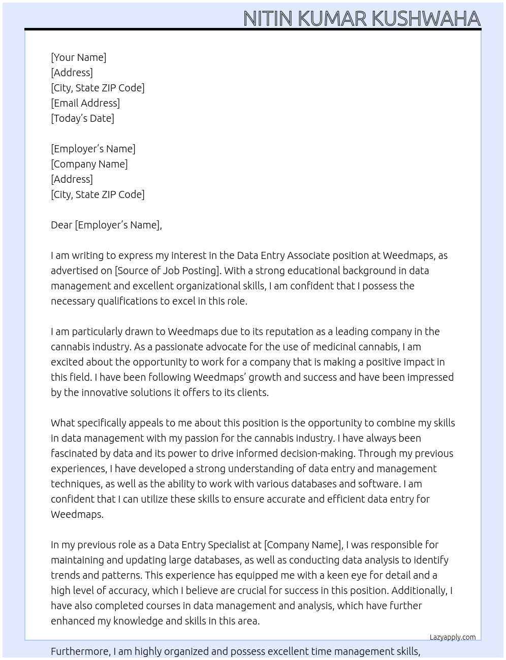 Data Entry Associate At Weedmaps Cover Letter