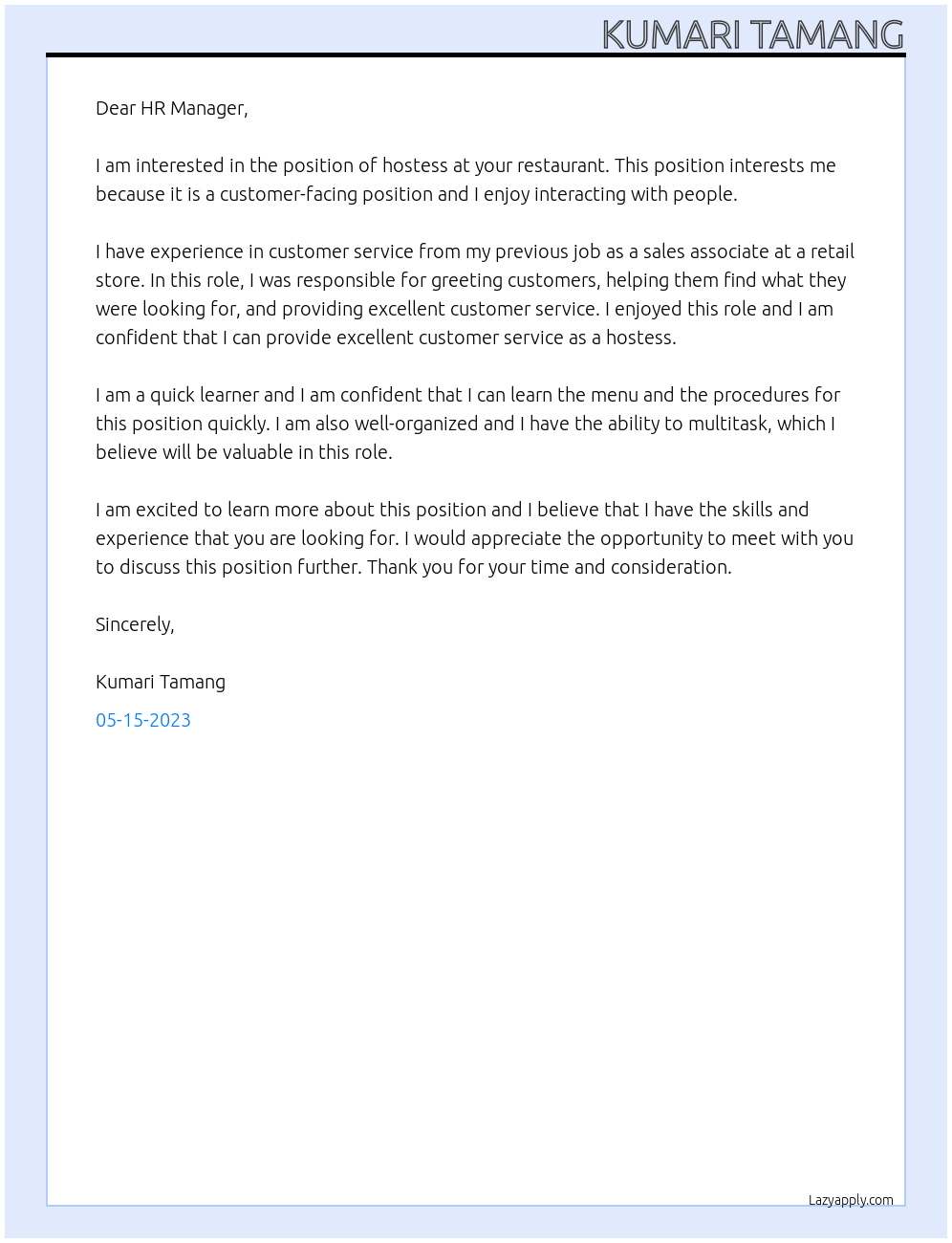 Hostess At Restaurant Cover Letter