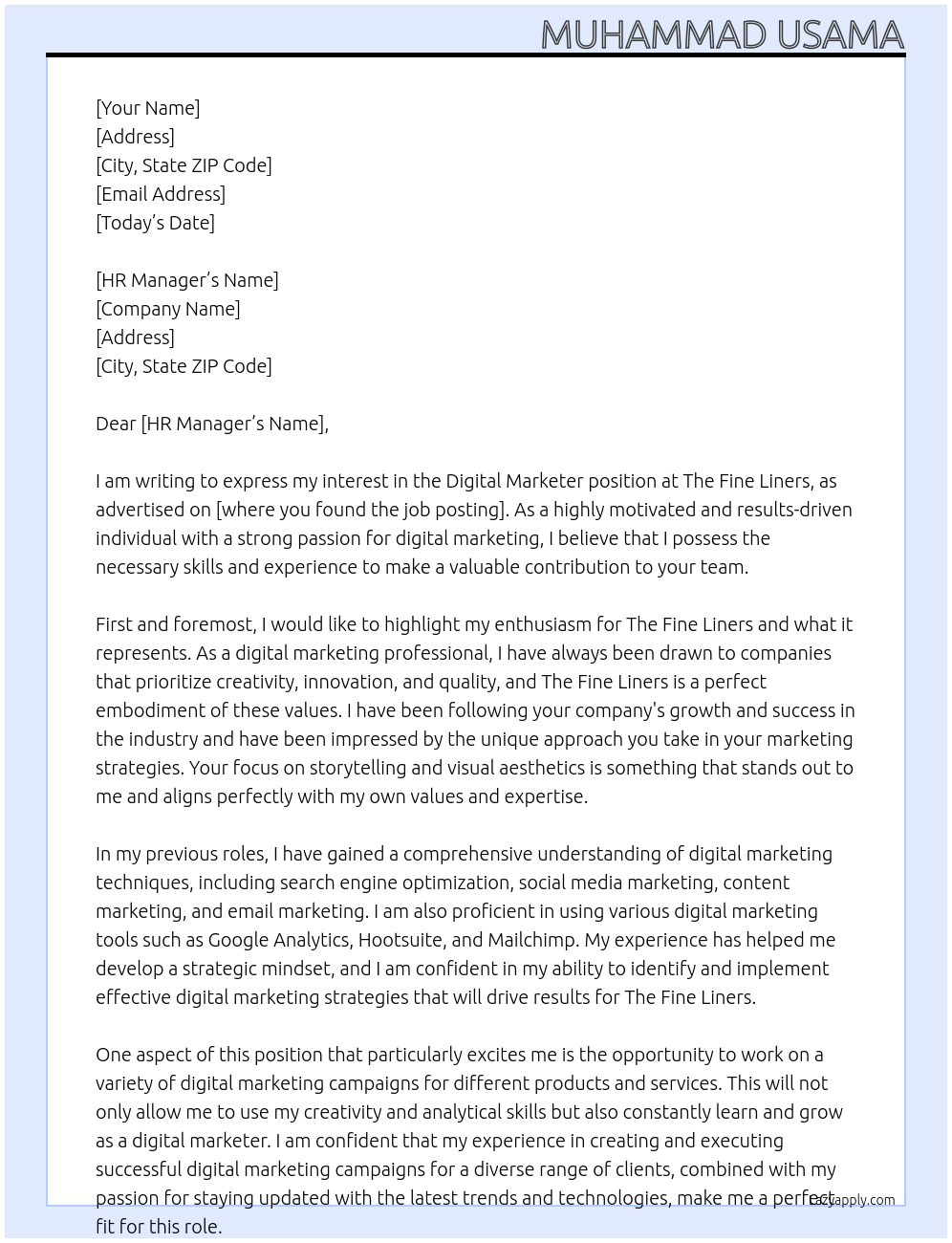 Digital Marketer At The Fine Liners Cover Letter