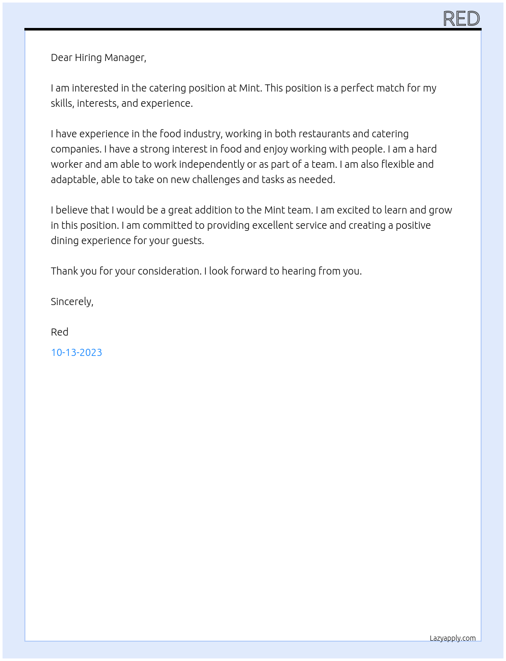 Catering At Mint Cover Letter
