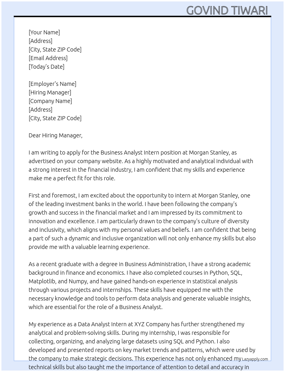 Business Analyst intern At Morgan Stanley Cover Letter