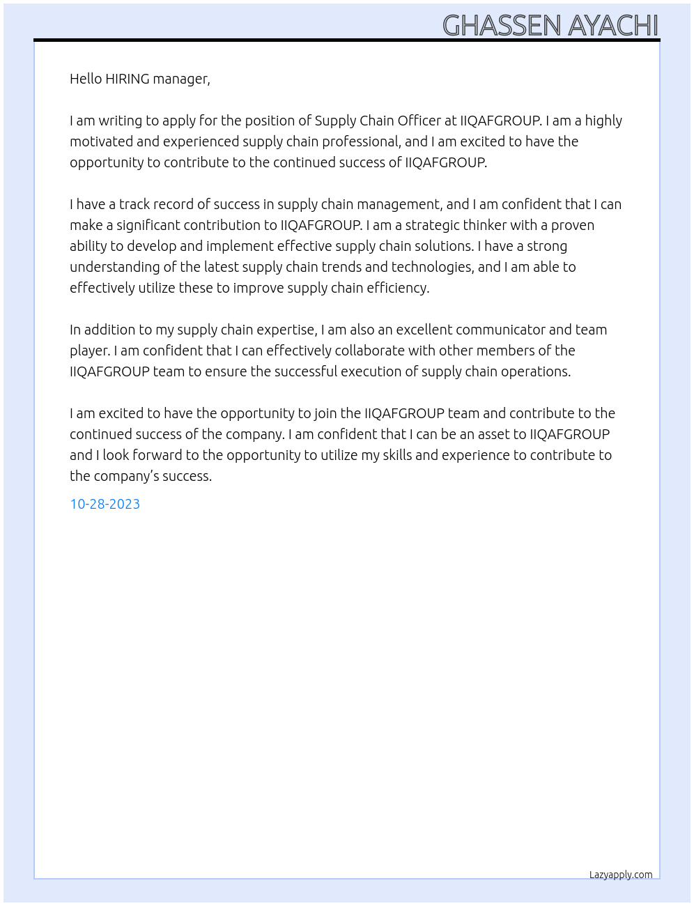 Supply Chain Officer At IIQAFGROUP Cover Letter