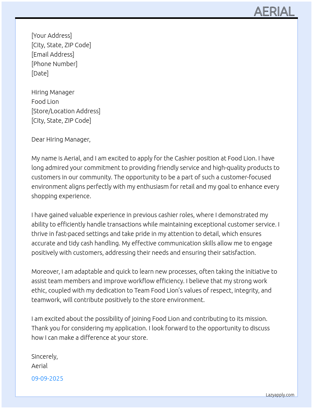 cashier At food lion Cover Letter