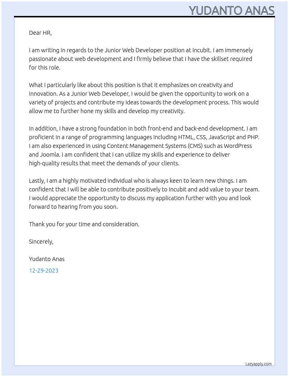 Junior Web Developer At Incubit Cover Letter
