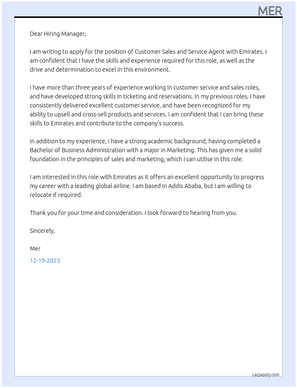 customer sales and service agent At Emrates Cover Letter